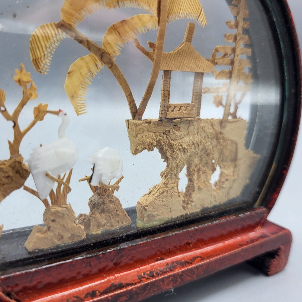 Vtg Chinese Hand Carved Cork Diorama Cranes Black Lacquer Art Stand 4" x 3.75" - Picture 15 of 16